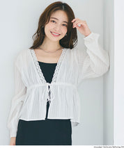 日系甜美條紋蕾絲綁帶泡泡袖開衫