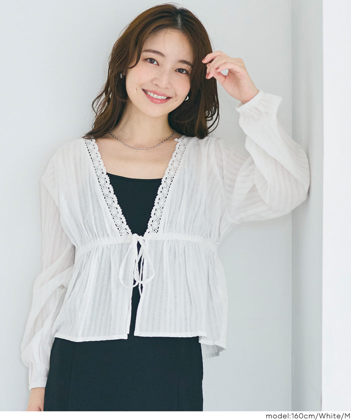 日系甜美條紋蕾絲綁帶泡泡袖開衫