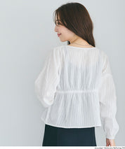 日系甜美條紋蕾絲綁帶泡泡袖開衫