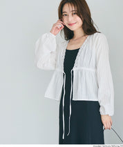 日系甜美條紋蕾絲綁帶泡泡袖開衫