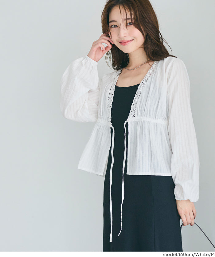 日系甜美條紋蕾絲綁帶泡泡袖開衫