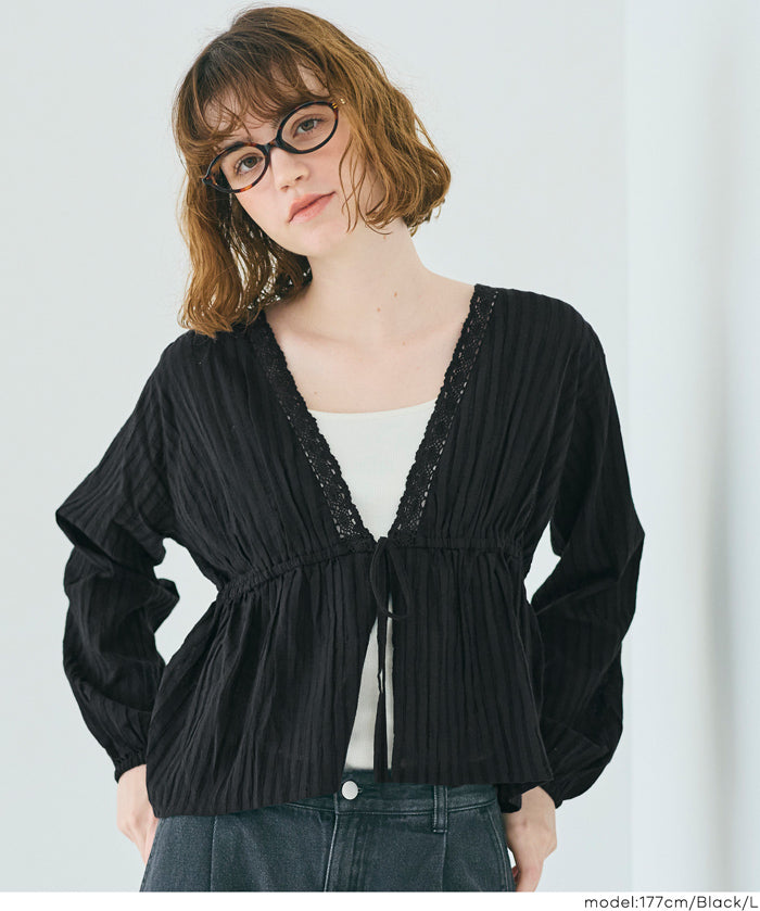 日系甜美條紋蕾絲綁帶泡泡袖開衫
