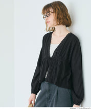 日系甜美條紋蕾絲綁帶泡泡袖開衫