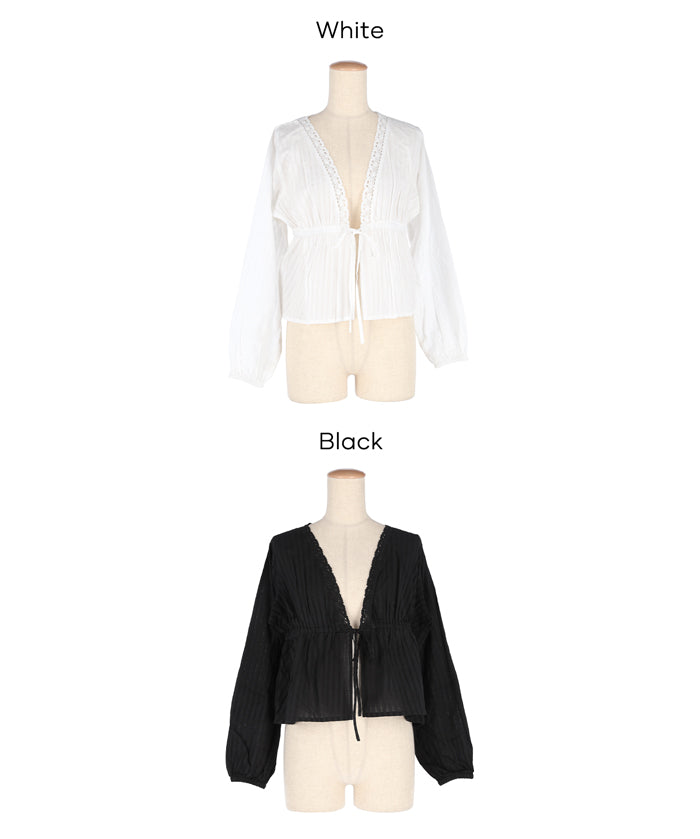 日系甜美條紋蕾絲綁帶泡泡袖開衫