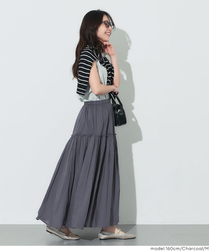 日系棉質氣質A字長裙(Cotton voile gathered panel skirt)