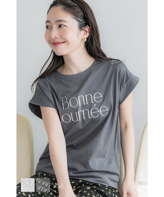 刺繡英字法式袖LOGO T-Shirt 短袖上衣