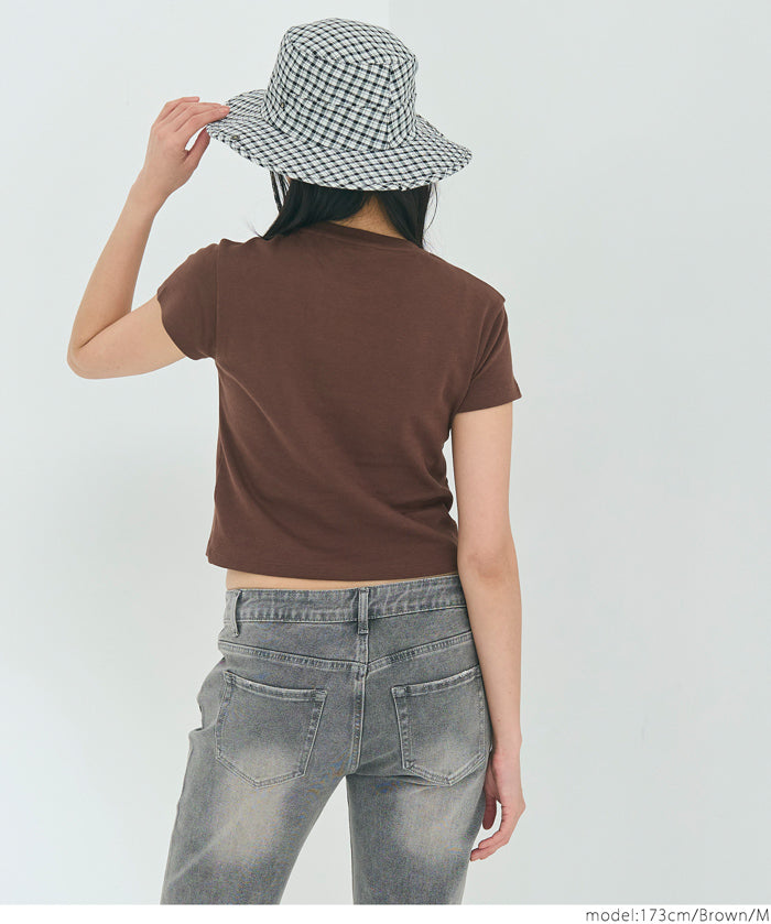 Solid color cotton slim-fit cropped basic T-shirt