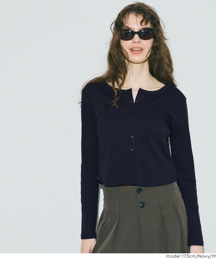 短版圓弧下擺螺紋長袖開衫