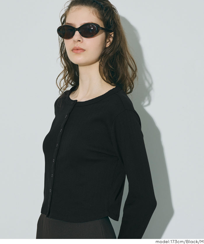 短版圓弧下擺螺紋長袖開衫