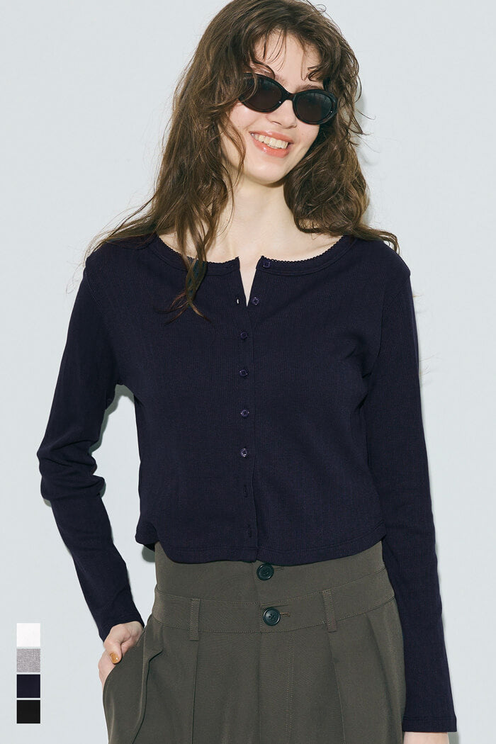 短版圓弧下擺螺紋長袖開衫