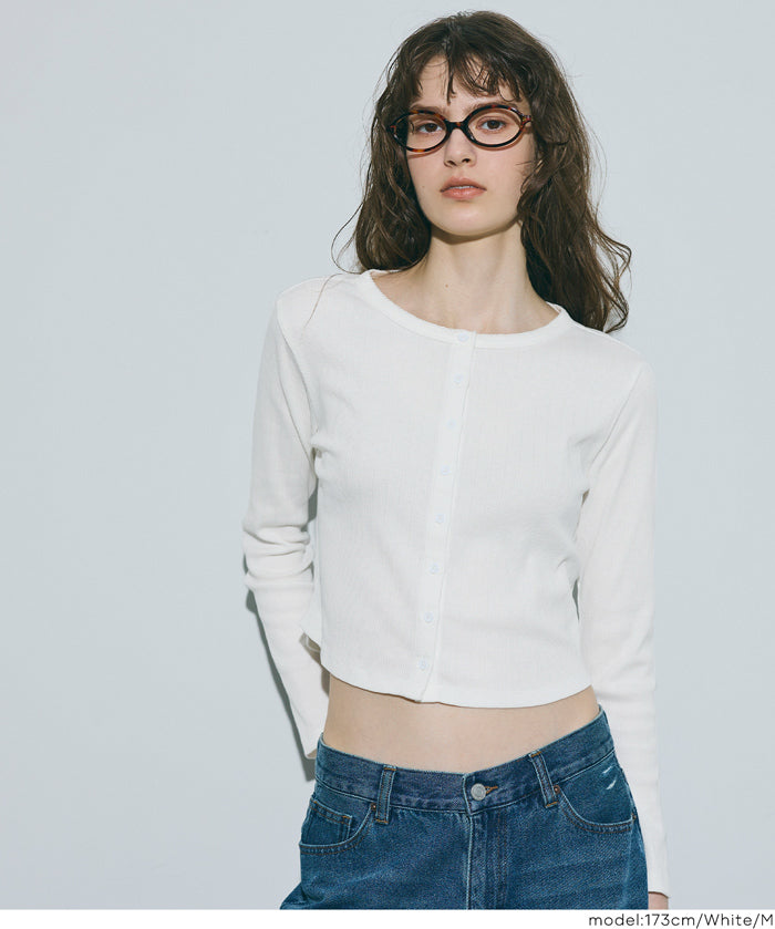 短版圓弧下擺螺紋長袖開衫