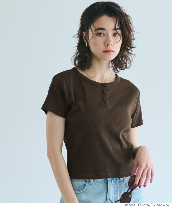 螺紋短袖亨利領上衣