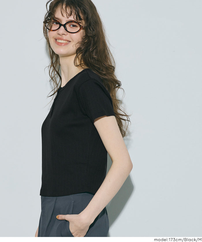 螺紋短袖亨利領上衣