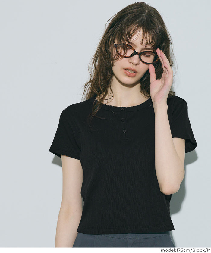 螺紋短袖亨利領上衣