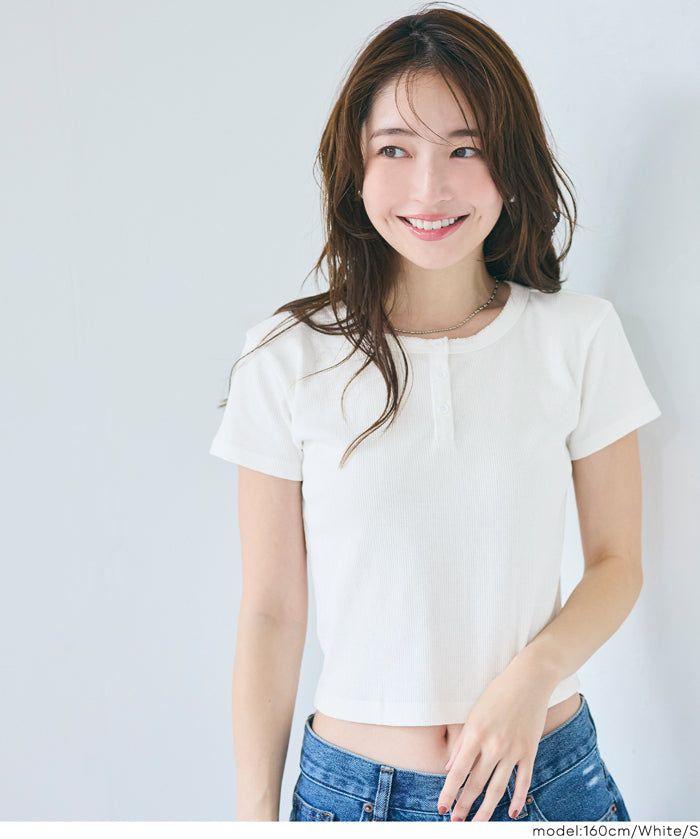 螺紋短袖亨利領上衣