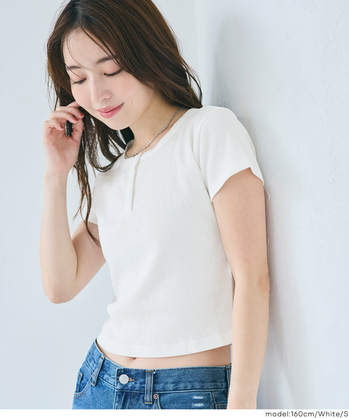 螺紋短袖亨利領上衣