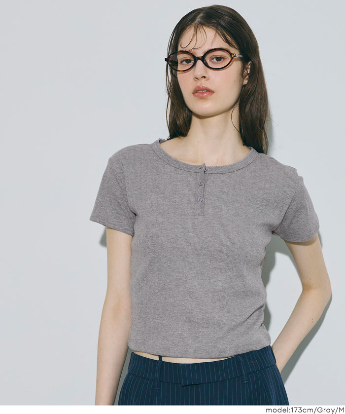 螺紋短袖亨利領上衣