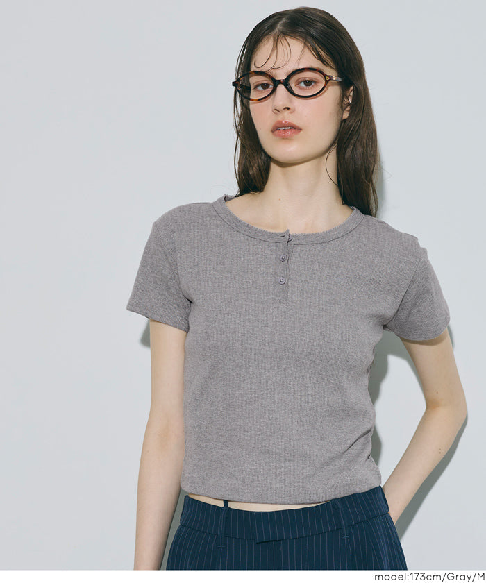 螺紋短袖亨利領上衣