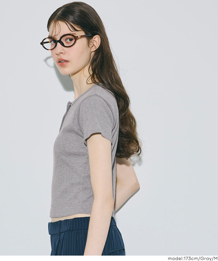 螺紋短袖亨利領上衣