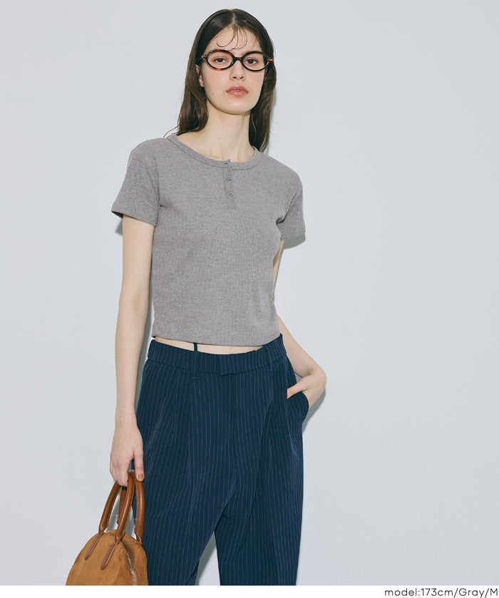 螺紋短袖亨利領上衣