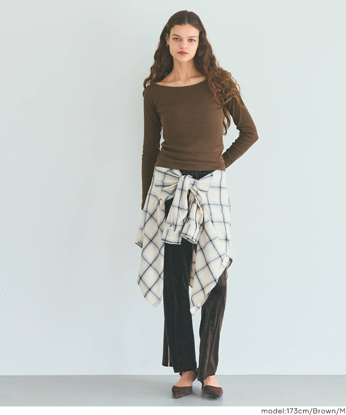 U型一字領小性感露肩長袖上衣