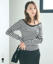 合身大U一字領棉質長袖上衣