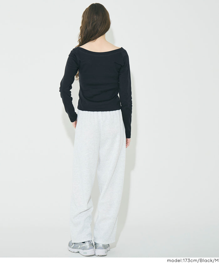 合身大U一字領棉質長袖上衣