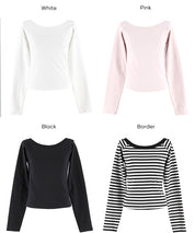 合身大U一字領棉質長袖上衣