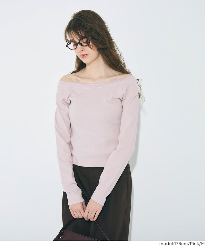 合身大U一字領棉質長袖上衣