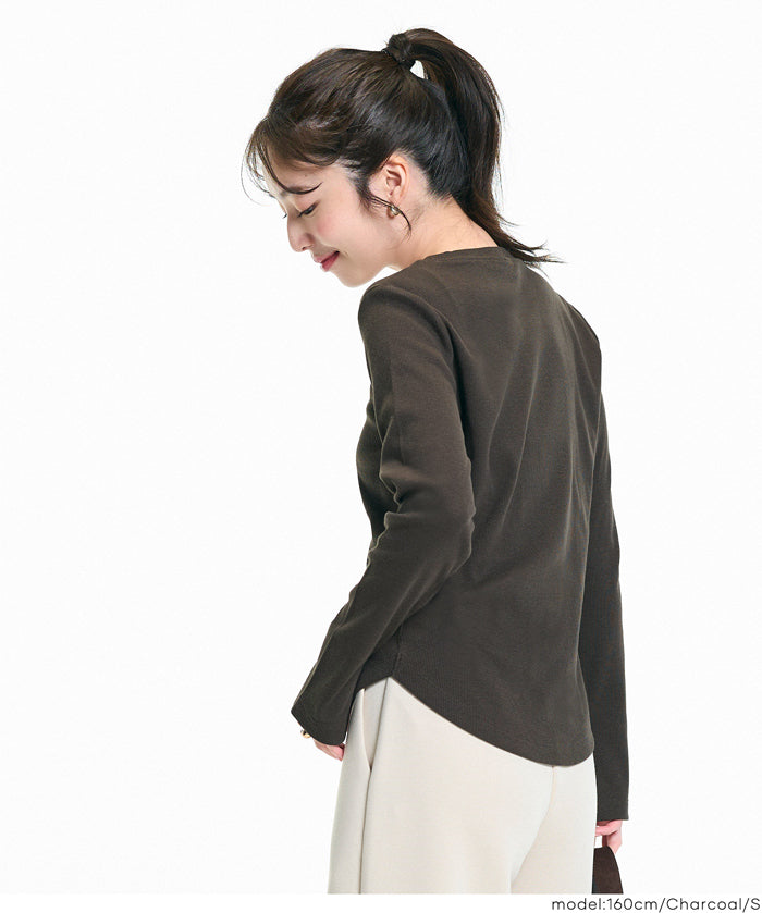 圓弧下擺螺紋長袖上衣