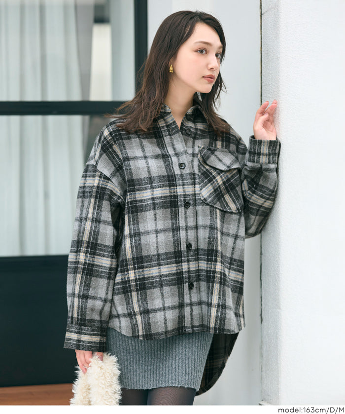 可機洗 美式毛呢格紋厚襯衫外套