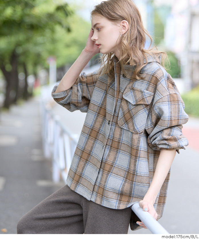 可機洗 美式毛呢格紋厚襯衫外套