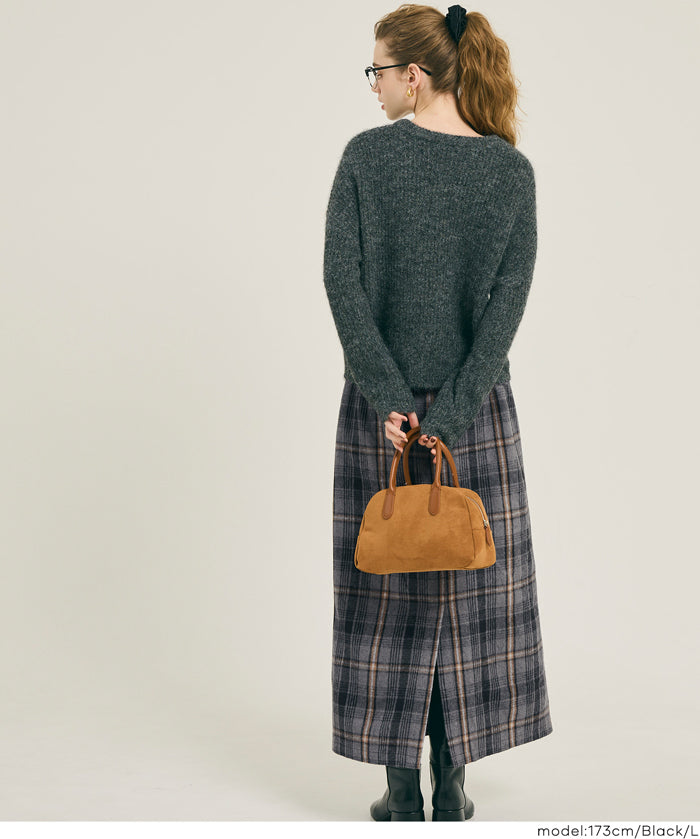 後拉鍊格紋直筒半裙