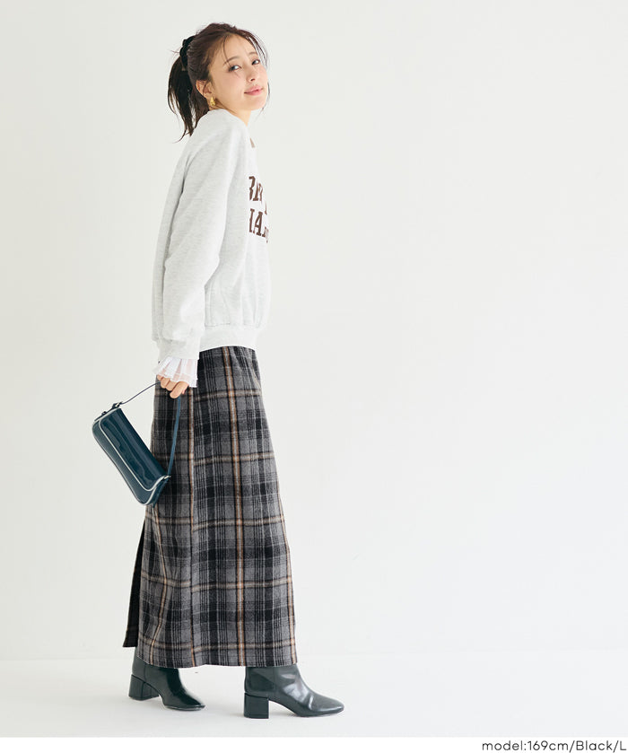 後拉鍊格紋直筒半裙