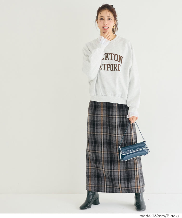 後拉鍊格紋直筒半裙