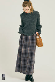 後拉鍊格紋直筒半裙