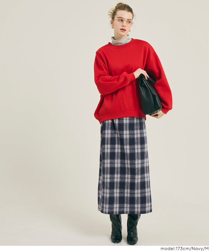 後拉鍊格紋直筒半裙