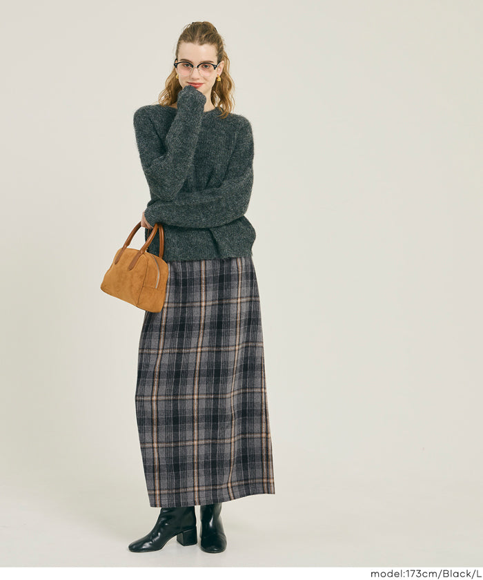 後拉鍊格紋直筒半裙