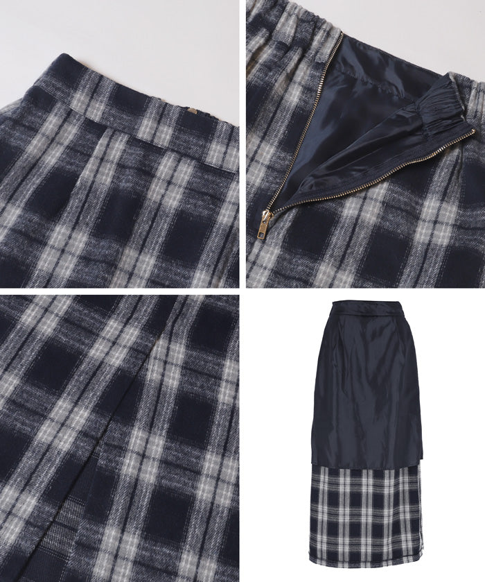 後拉鍊格紋直筒半裙