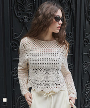 日系森系蕾絲編織長袖上衣