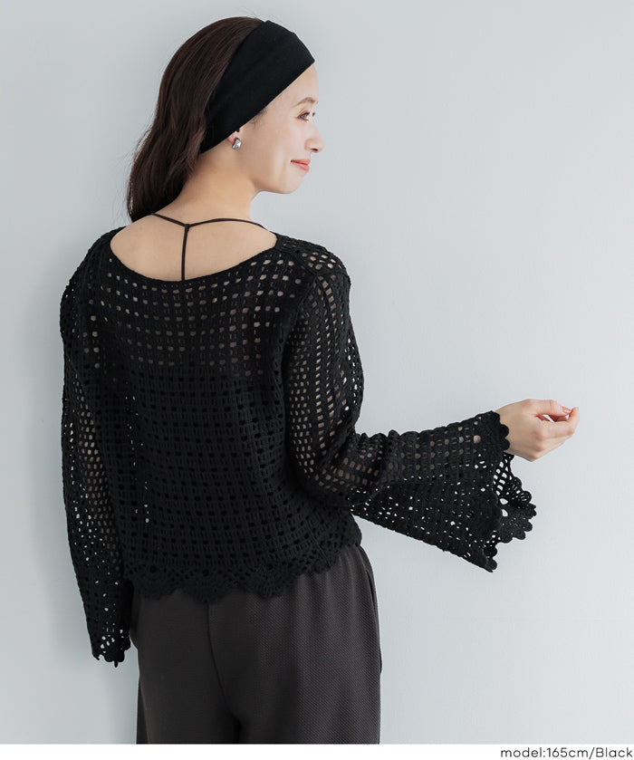 日系森系蕾絲編織長袖上衣