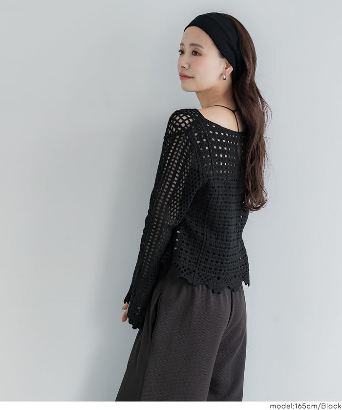 日系森系蕾絲編織長袖上衣