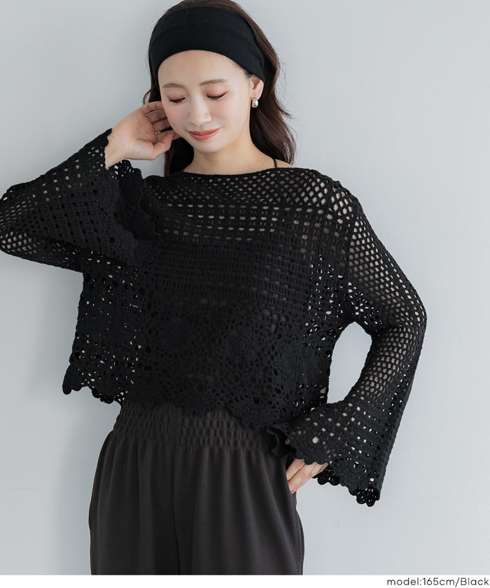 日系森系蕾絲編織長袖上衣