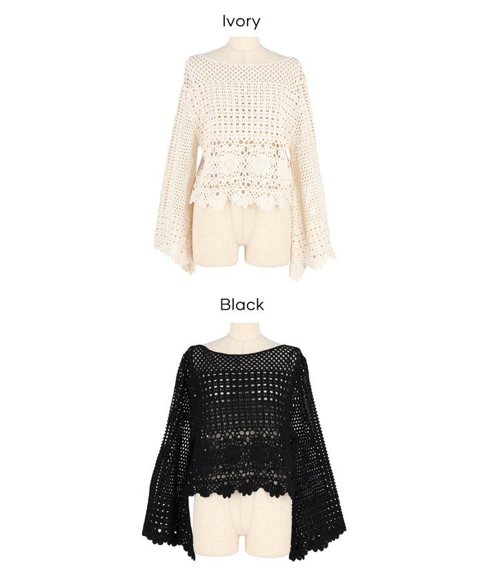 日系森系蕾絲編織長袖上衣