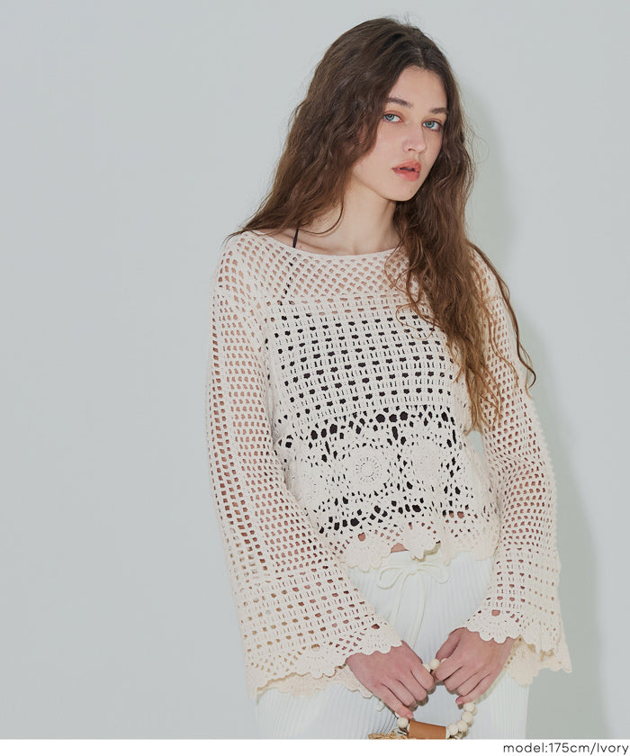 日系森系蕾絲編織長袖上衣