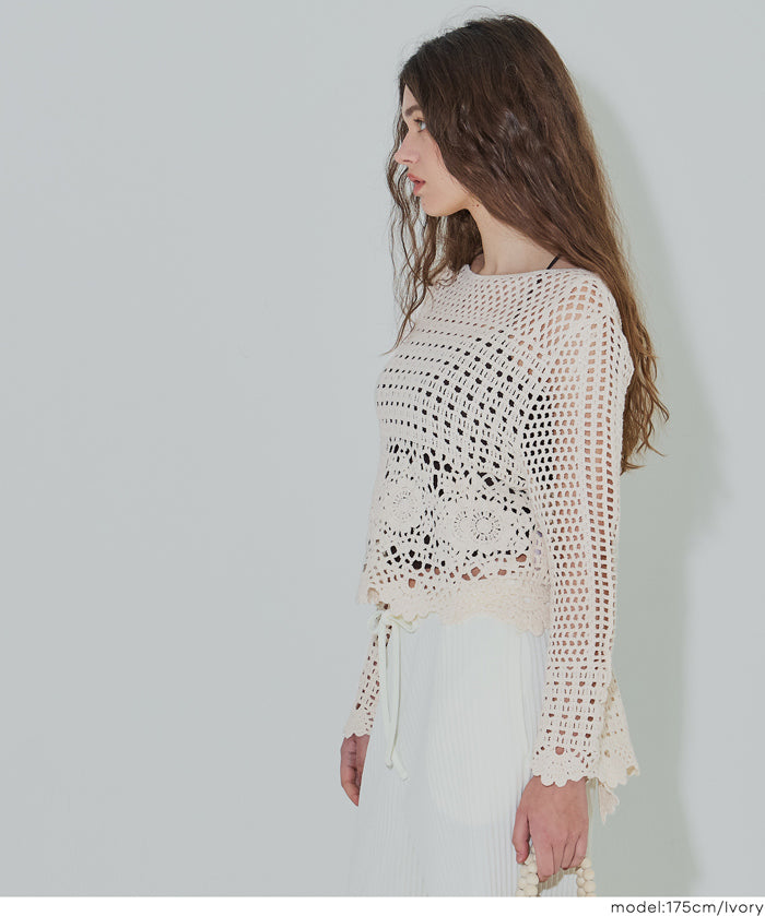 日系森系蕾絲編織長袖上衣