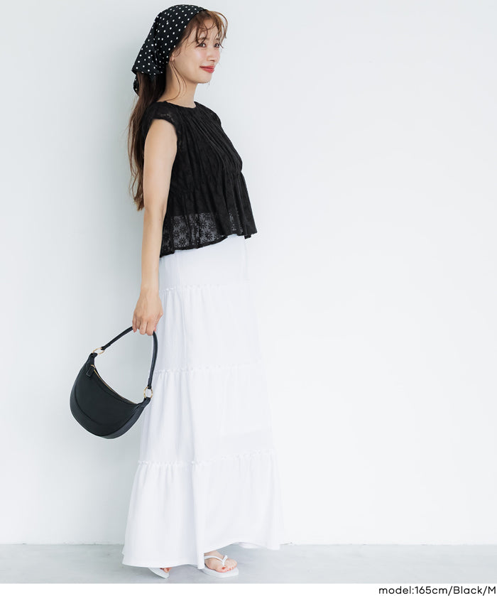 小花透膚抽褶無袖上衣 (Lace Shirring Blouse)