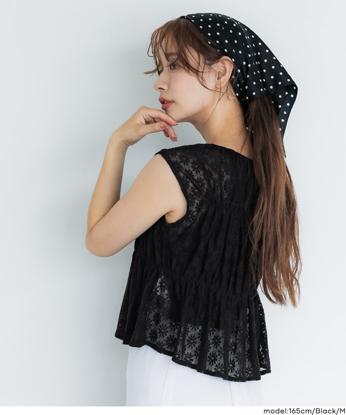 小花透膚抽褶無袖上衣 (Lace Shirring Blouse)