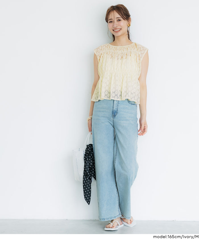 小花透膚抽褶無袖上衣 (Lace Shirring Blouse)