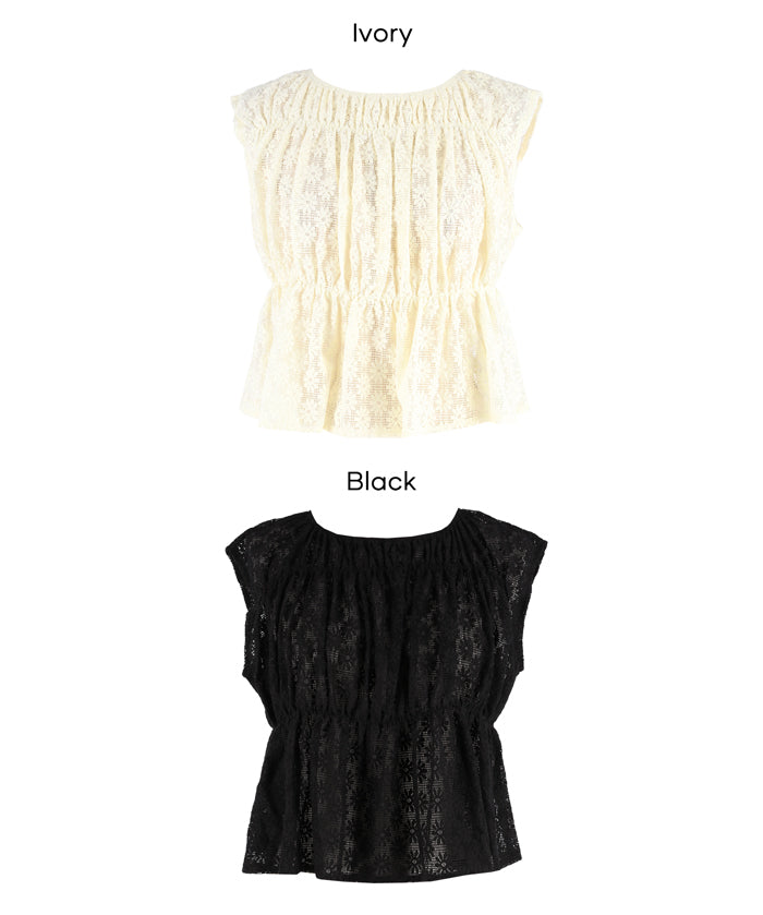 小花透膚抽褶無袖上衣 (Lace Shirring Blouse)